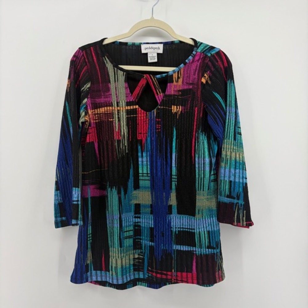 Peck & Peck Women Multicolor Abstract Print Cutout Neck 3/4 Sleeve Top Size S